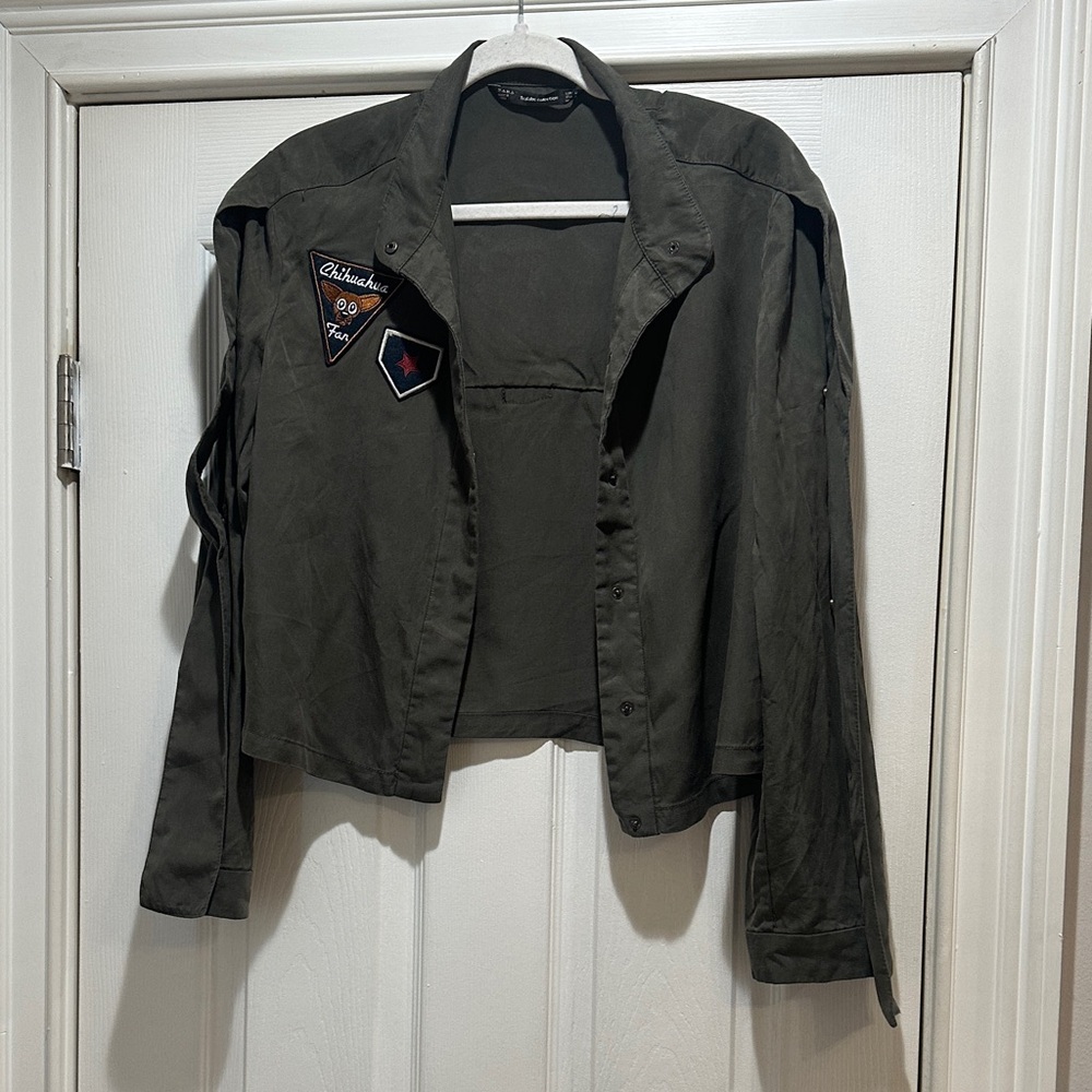 Zara Olive Green Utility Jacket with Patch Accents